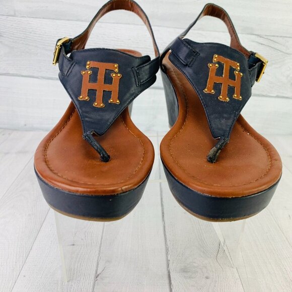 Tommy Hilfiger Women Dark Navy Open Toe Wedge Heel Platform Sandals Size 10 M - Picture 4 of 11
